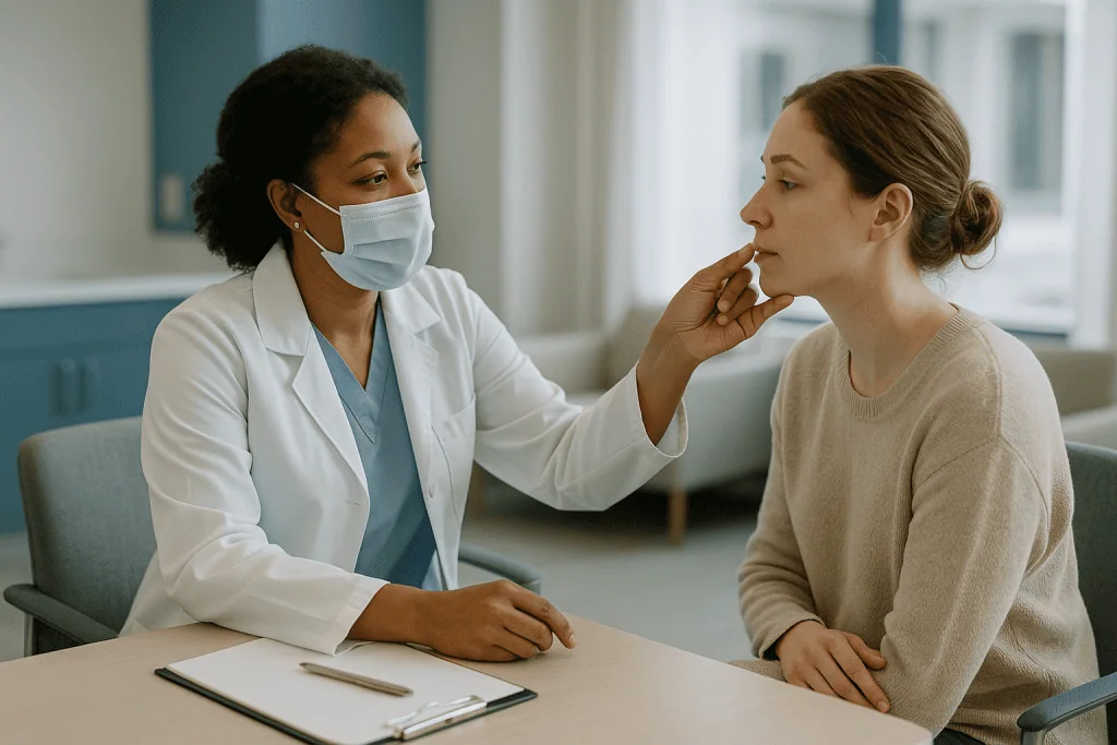 Doctor consulting patient in clinical office setting — Cross-hatching, tension and why your skin type matters