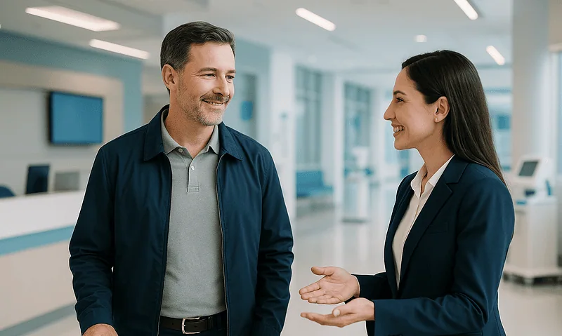 Patient and doctor smiling and talking in a modern hospital lobby.