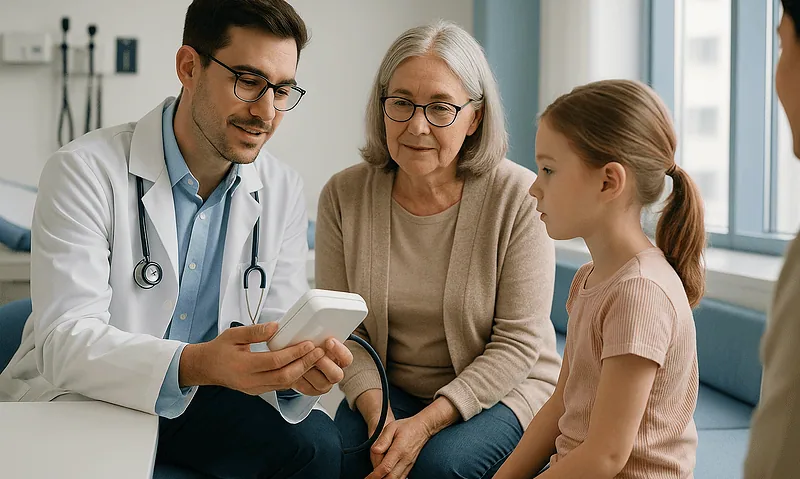 Doctor explaining medical device to a young girl and her grandmother in a clinic.