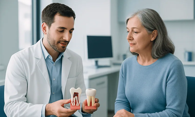 Dentist explaining dental crown and filling options to an elderly woman.