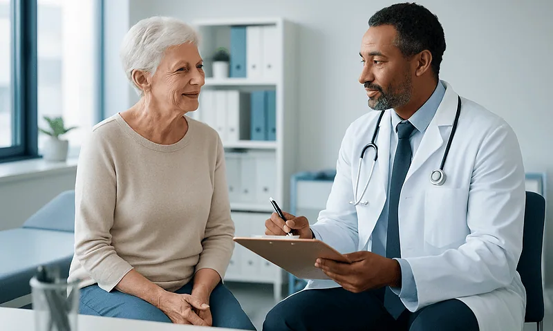 Doctor consulting with elderly woman in a medical office setting.
