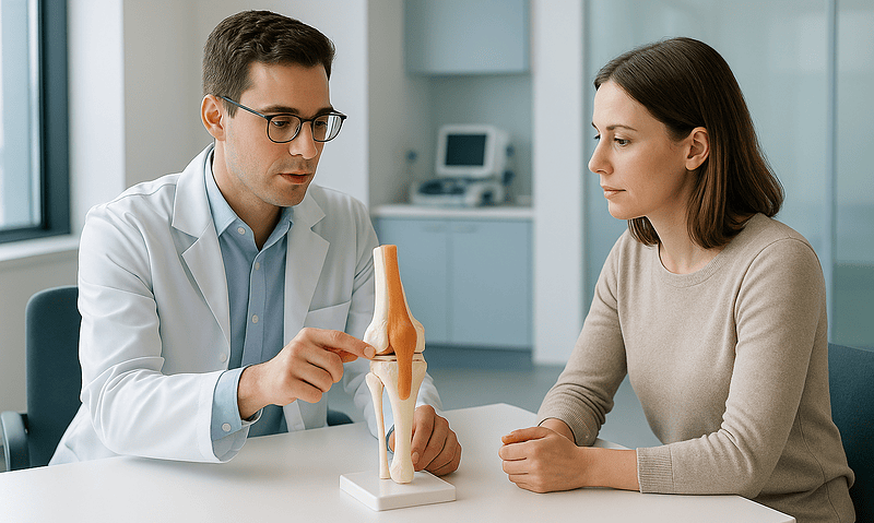 Orthopedic specialist explains knee anatomy to patient using model at clinic.
