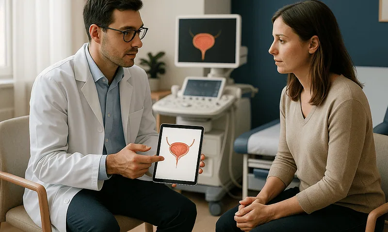 Urologist explaining bladder health to a patient with digital tablet.