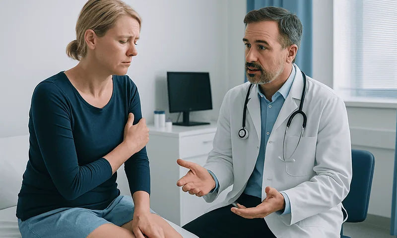 Doctor consulting with a woman patient about cryotherapy side effects.