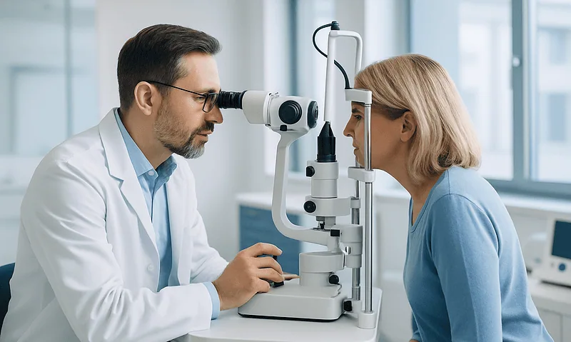 Ophthalmologist examining a patient with a slit lamp in a clinical setting.