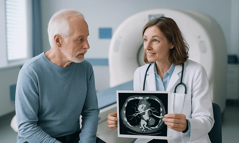 Doctor explaining CT coronary angiogram to an elderly patient in hospital.