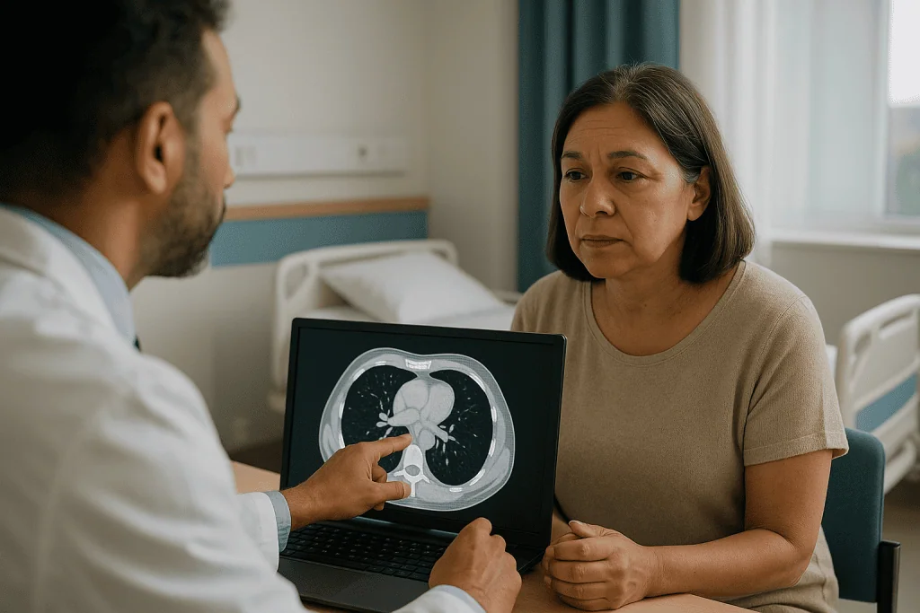 Doctor reviewing chest CT scan with patient: CT scan for myasthenia gravis, or MRI? Which scan and why