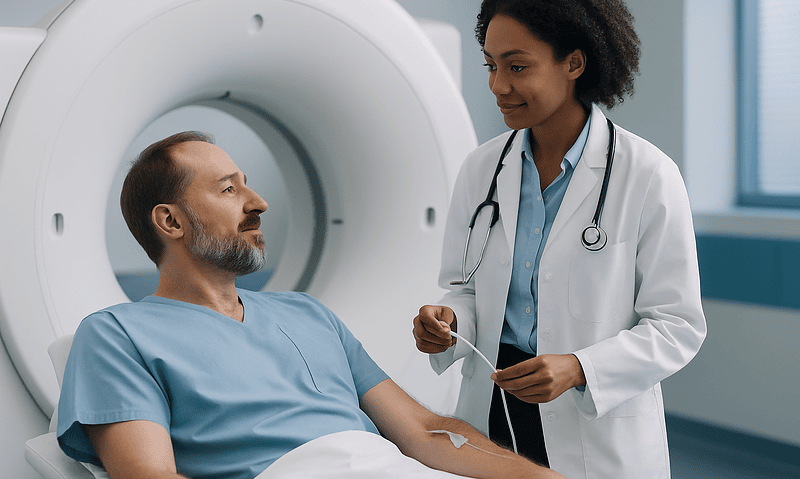 Doctor and patient preparing for a CT scan in a hospital setting.