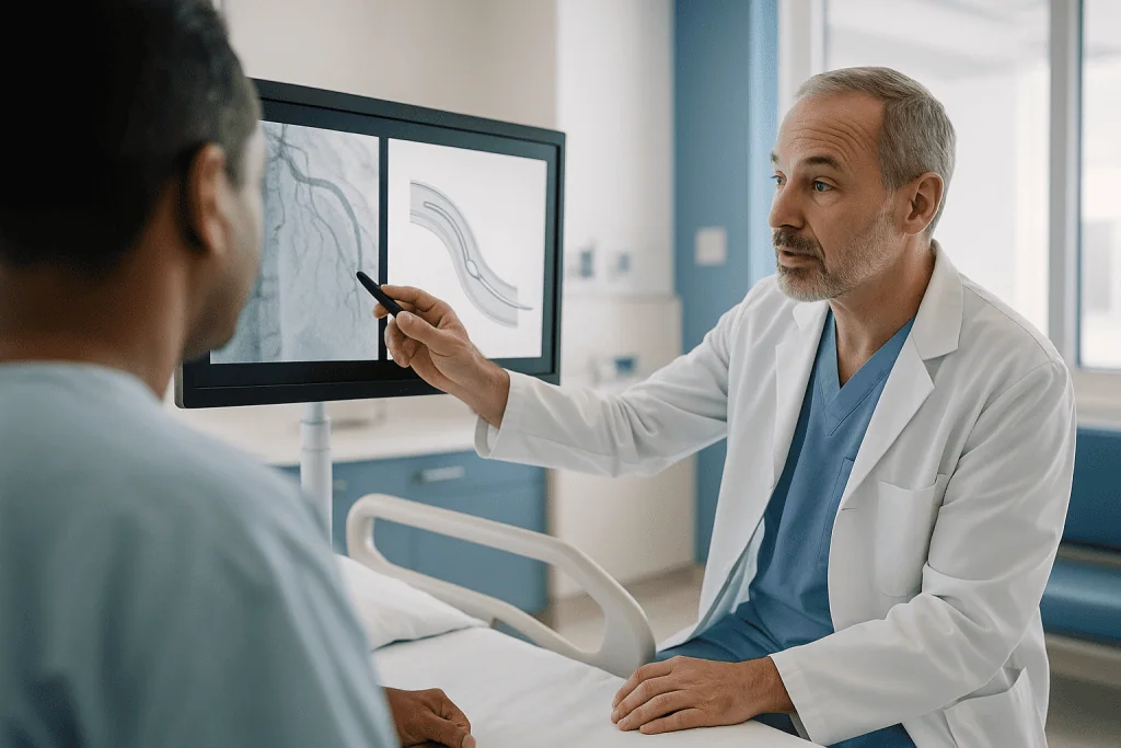 Doctor reviewing imaging scans with patient in clinic: CTO PCI procedure: how it works, step by step