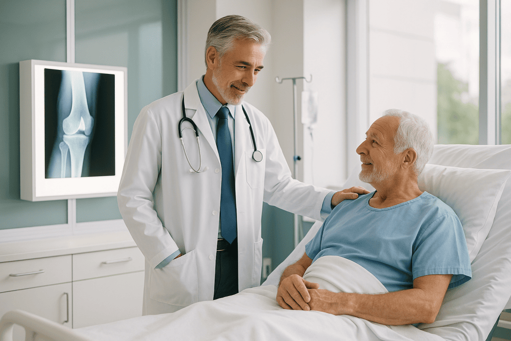 Cubital Tunnel Surgery 1 Doctor consulting with elderly patient in hospital room with X-ray image.