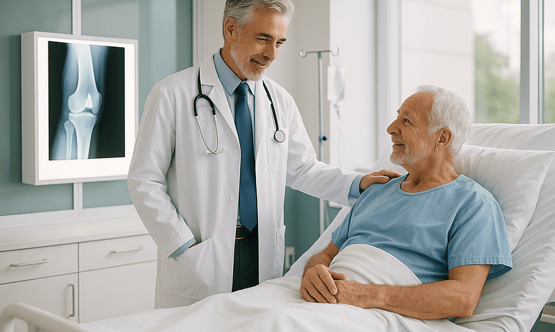 Doctor consulting with elderly patient in hospital room with X-ray image.