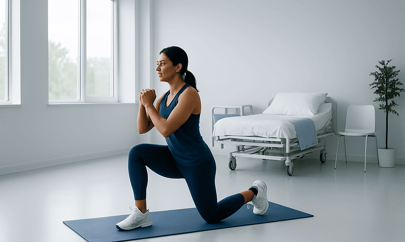 Woman performing knee lunge exercise in hospital room for rehab.