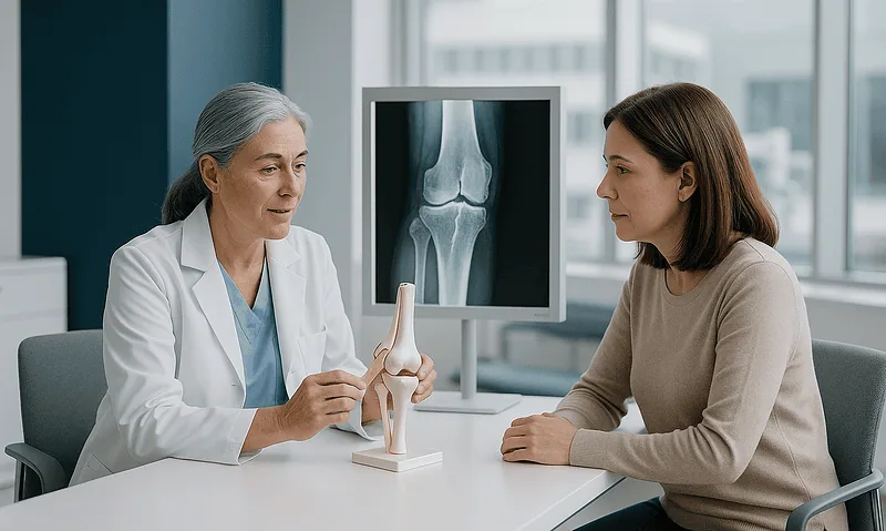 Doctor explaining shoulder joint to patient with X-ray image in background.