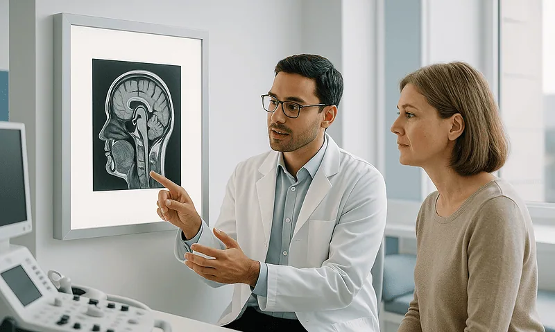 Doctor explaining brain MRI scan to a patient in a hospital setting.