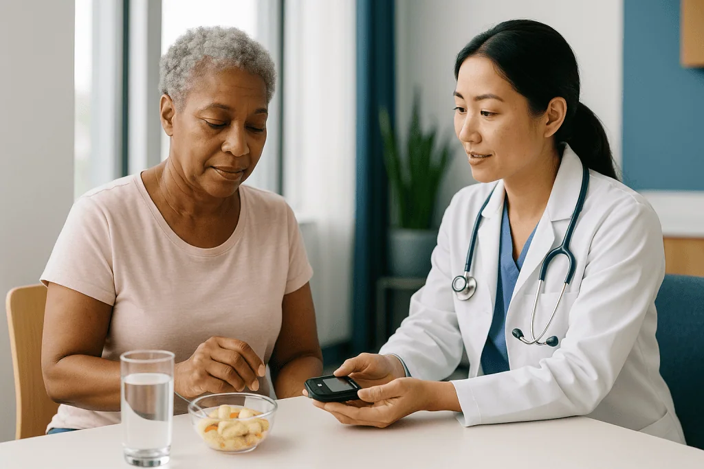 Doctor consulting patient with blood glucose meter: Cushing syndrome recovery timeline: the first weeks and months