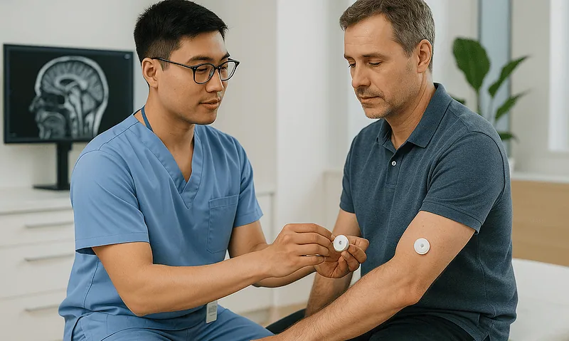 Doctor applying a medical patch to a patient's arm in a clinical setting.