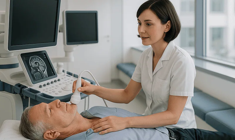 Doctor performing ultrasound scan on a patient in a hospital room.