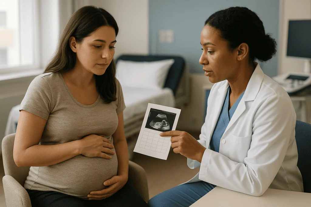Pregnant woman consulting with female doctor about ultrasound: CVS vs amniocentesis: the timing window, week by week