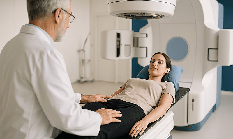 Medical professional explains CyberKnife treatment to a patient in a hospital room.