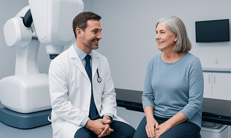 Doctor and patient in a medical imaging room with robotic equipment.