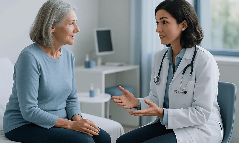 Doctor consulting with elderly woman in a medical office.