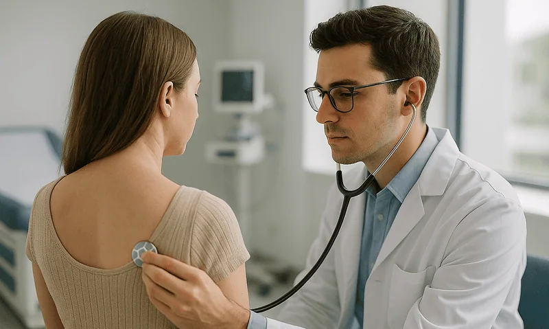 Doctor examining a young female patient with a stethoscope in a hospital room.