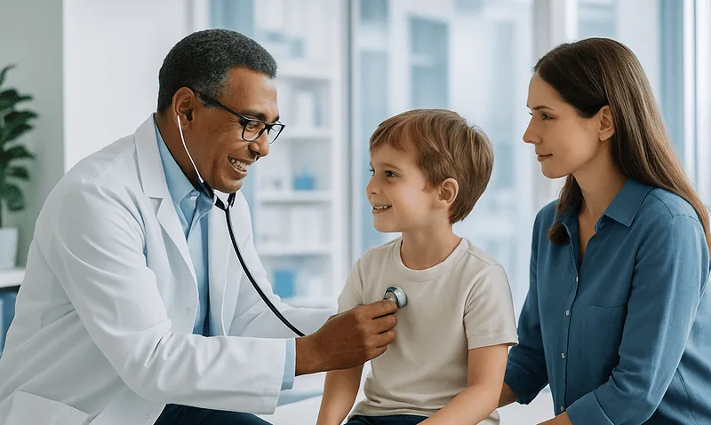 Pediatric doctor examining a young boy with mother in a clinic setting.
