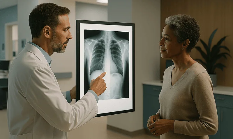 Doctor explaining chest X-ray to patient in hospital setting.