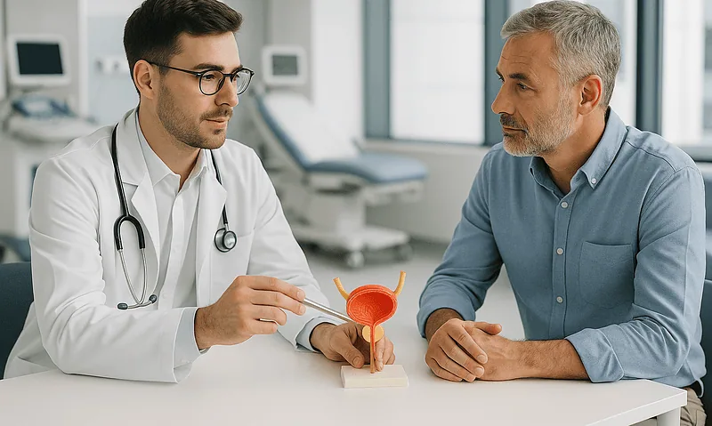 Urologist explaining bladder model to patient in clinic setting.