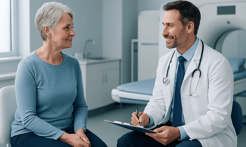 Doctor consulting with an elderly female patient in a medical office.