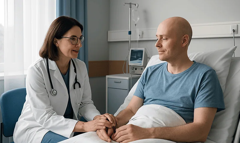 Doctor comforting patient in hospital room with medical equipment.
