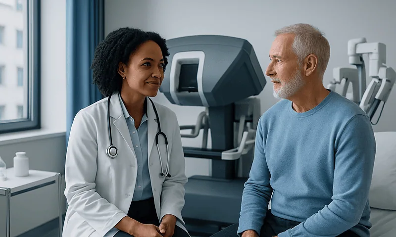 Doctor consulting with a patient in a modern medical facility.
