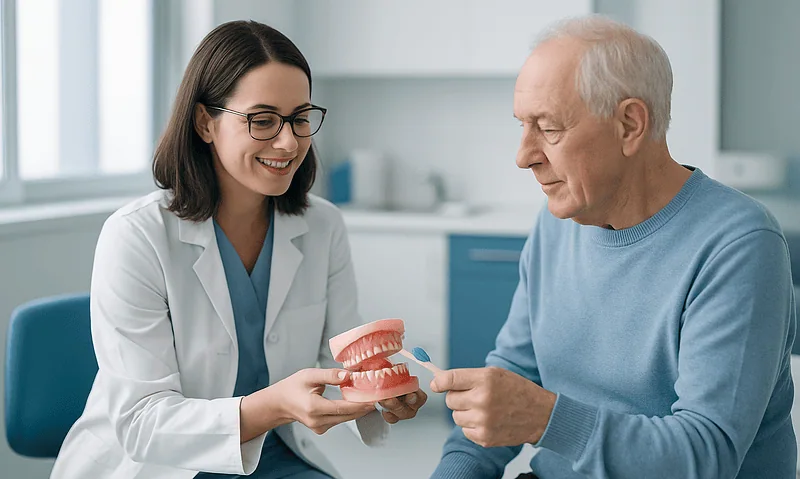 Dentist showing denture model to elderly patient in clinic.
