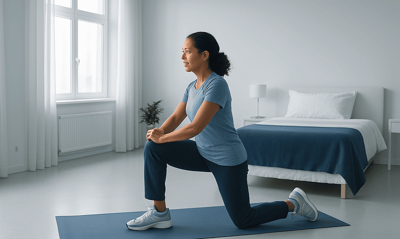 Woman practicing yoga in a bright, minimalistic bedroom for health and wellness.