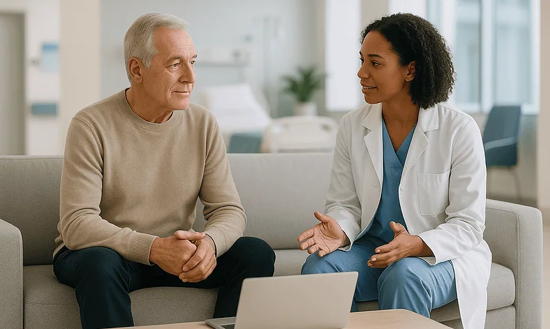 Doctor consulting with elderly patient in hospital room.