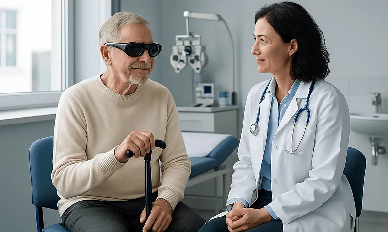 Elderly man with vision impairment consulting with doctor in clinic.