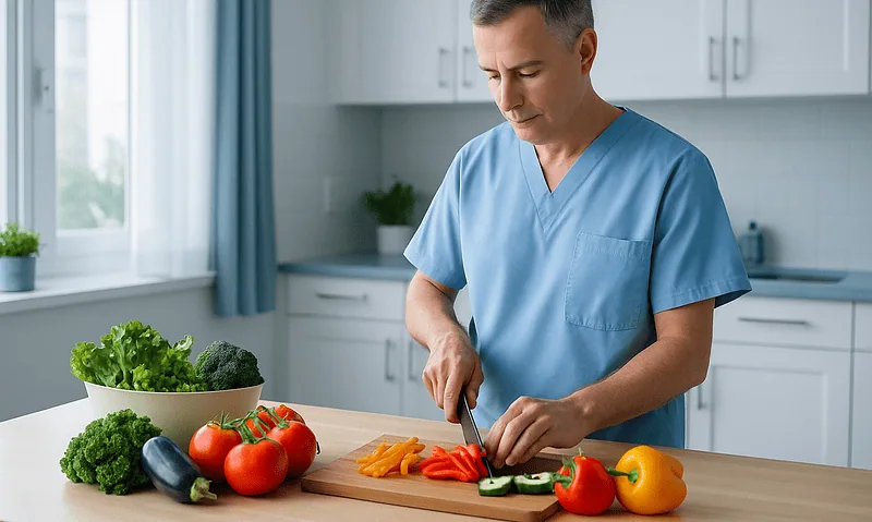 Healthcare professional preparing fresh vegetables in a bright kitchen.