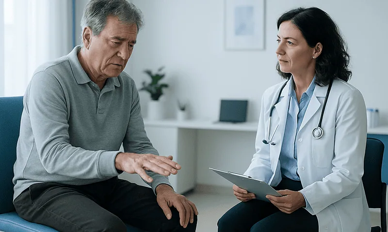 Doctor consulting with an elderly patient about movement disorder care.