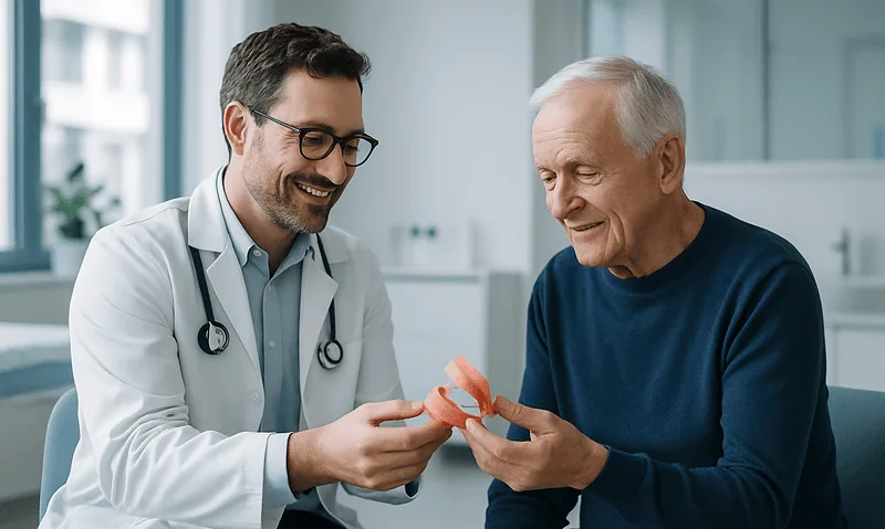 Dentist handing a dental appliance to an elderly patient in a clinic.