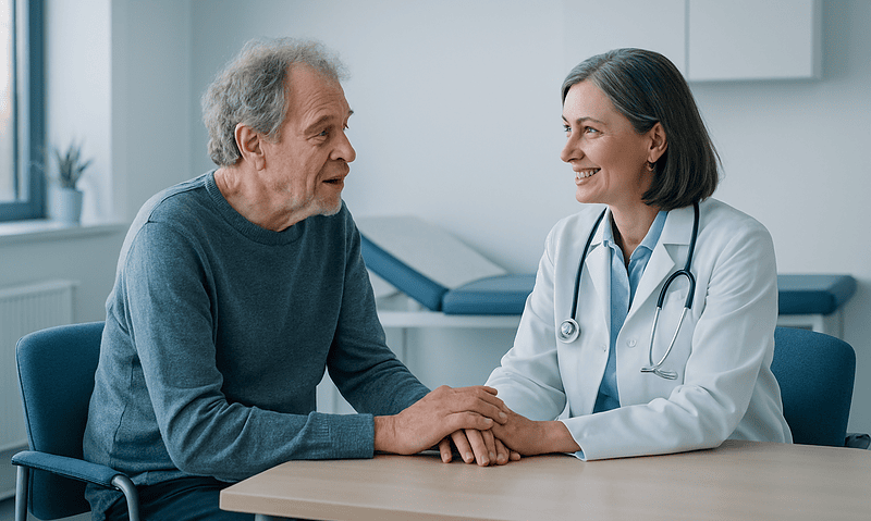 Doctor comforting elderly patient in a medical consultation room.