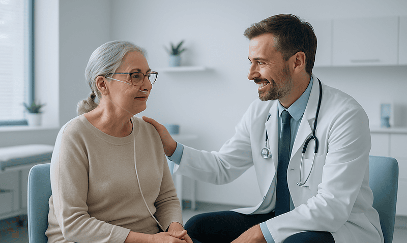 Daily Life With Pulmonary Disease: Air Quality, Vaccinations and Staying Active Under Treatment 5 Doctor consulting with elderly female patient in a medical office.