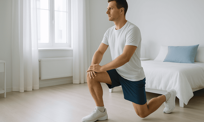 Man performing lung exercise in a bright bedroom.