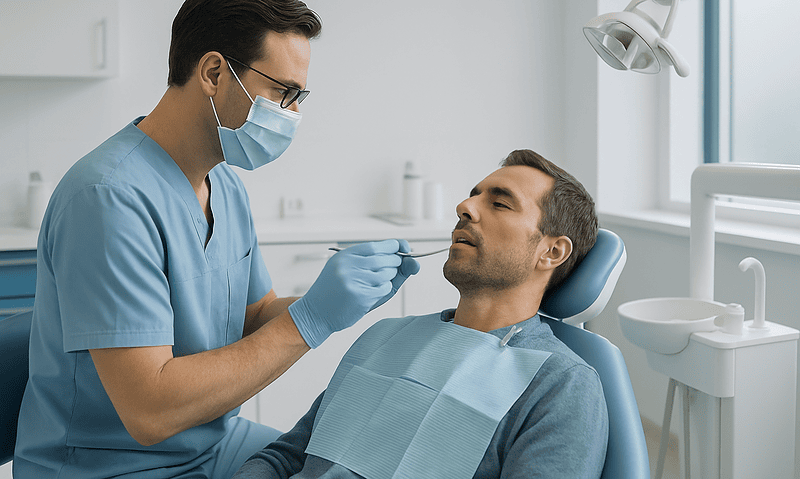Dentist examining patient's mouth in a dental clinic.