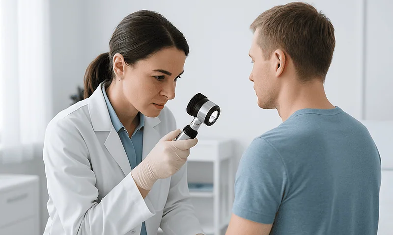 Doctor examining patient's skin during limb care checkup at hospital.