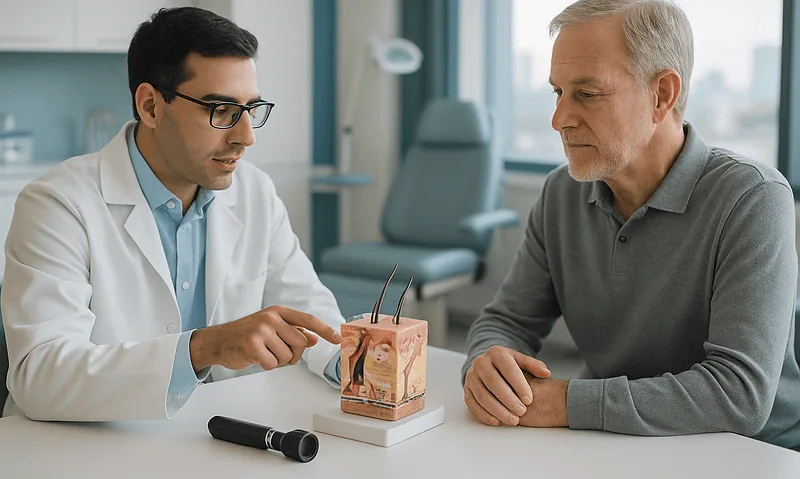 Doctor explaining scalp anatomy to an older male patient in a clinic setting.