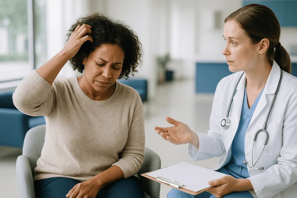 Doctor consulting with patient in clinical setting: Dandruff vs dry scalp: why the difference changes the timeline