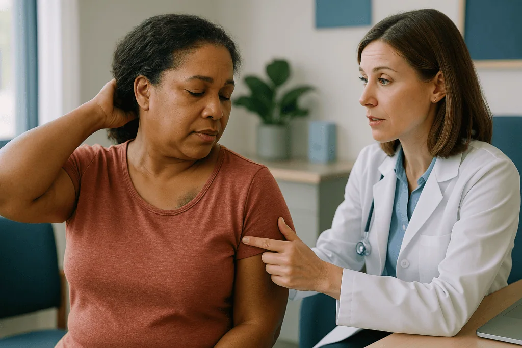 Doctor examining patient shoulder during medical consultation — Dark, velvety skin patches: the sign clinicians take seriousl