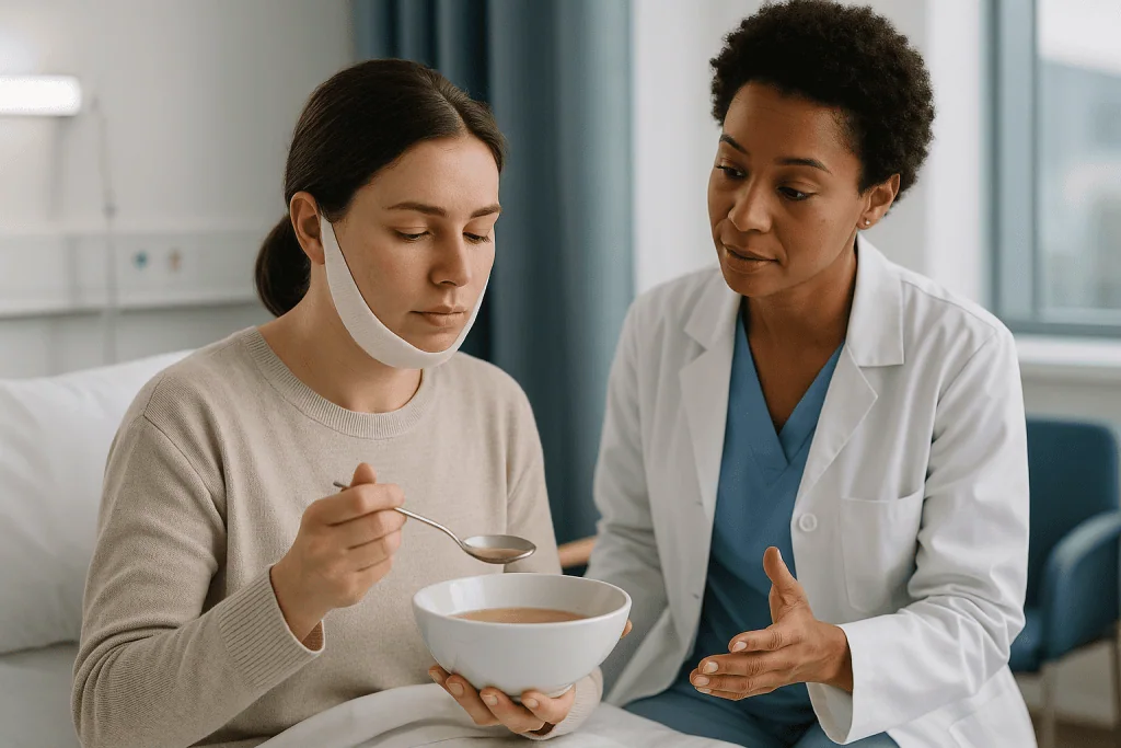 Doctor consulting patient with soup bowl — Day of surgery and the first 24 hours after chin surgery