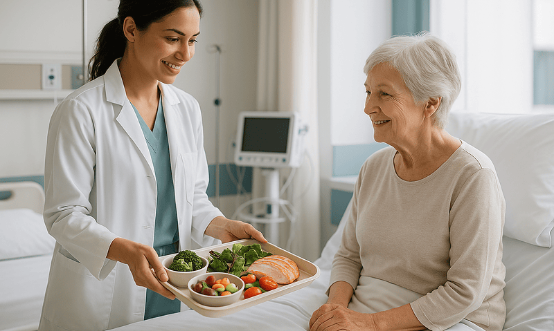 Nurse serving healthy food to elderly patient in hospital room.
