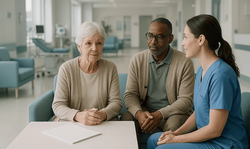 Doctor consulting elderly patient and family in hospital setting.